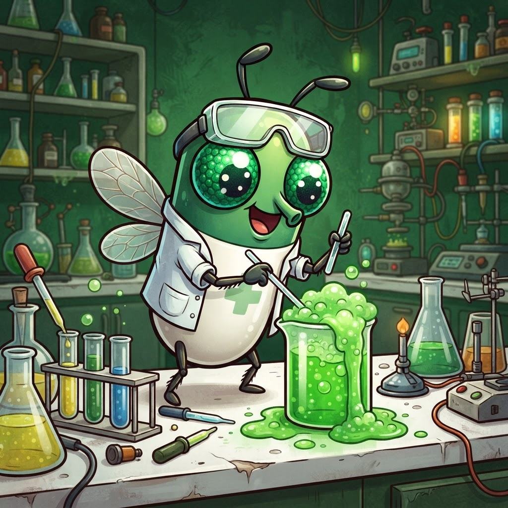 Pillfly wearing safety goggles and a lab coat with a bubbling green beaker
