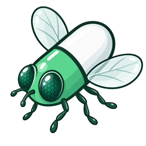 PILLFLY, a green-and-white capsule fly with big emerald eyes and translucent wings